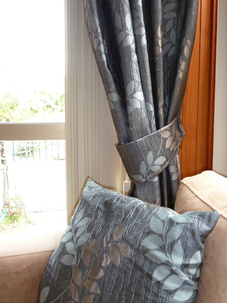 Matching side drape, tie back and cushion available from Lindy's Curtains and Blinds